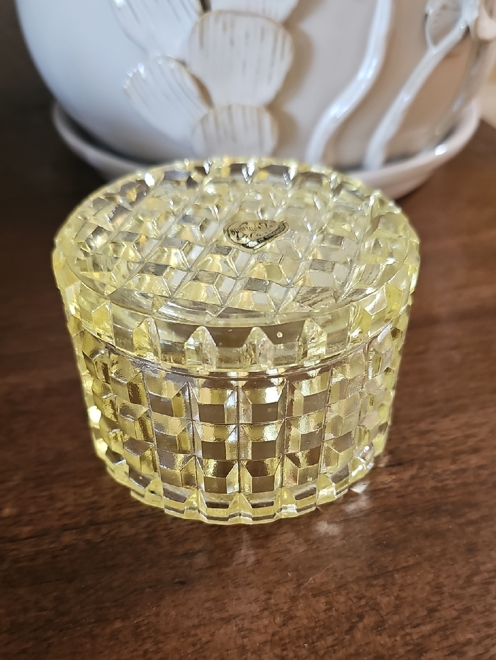 Vintage Bohemian Glass Trinket Dish With Lid Yellow
